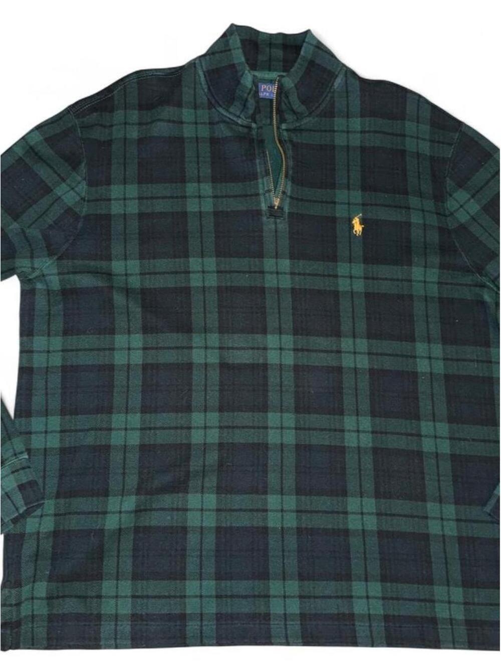 Polo Ralph Lauren men scotch plaid quarter-zip sweater green navy tartan pattern
